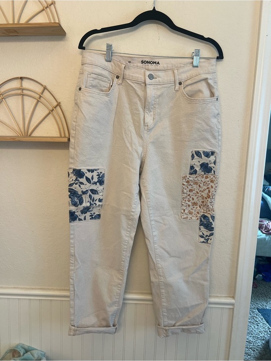 Sonoma Denim - SONOMA Cream Boyfriend Jeans with Blue & Tan Floral Patches
